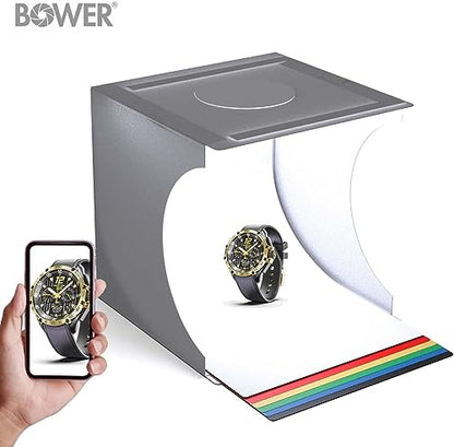 Bower Mini Photo Studio Light Box - 9" Portable Folding Product Photography Shooting Tent Kit with 2 Bright LED Strips, 6 Double Sided Color Backgrounds