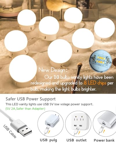 Led Vanity Mirror Lights,Vanity Lights for Makeup Dressing Mirror Lighting,10 Dimmable Bulbs,Adjustable Light Color & Brightness,USB Cable,Mirror not Included - color: White