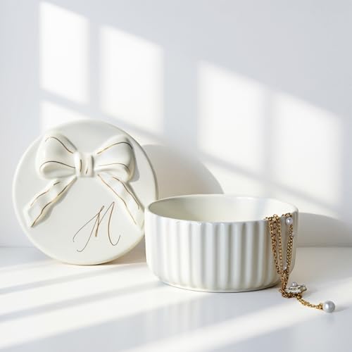 COLLECTIVE HOME Monogram Ceramic Jewelry Box with Bow - Small Trinket Dish, Elegant Wedding，Bridal Shower & Bridesmaid Gifts (M) - color: M