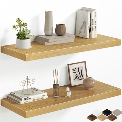 Fun Memories Floating Shelves - 2 Pack 30 Inch Long Rustic Wooden Wall Shelves - 12 Inch Deep Wall Mounted Storage Shelf with Invisible Heavy-Duty Brackets for Books, Bathroom, Kitchen, Oak - color: Oak, size: 30 Inch, Set of 2