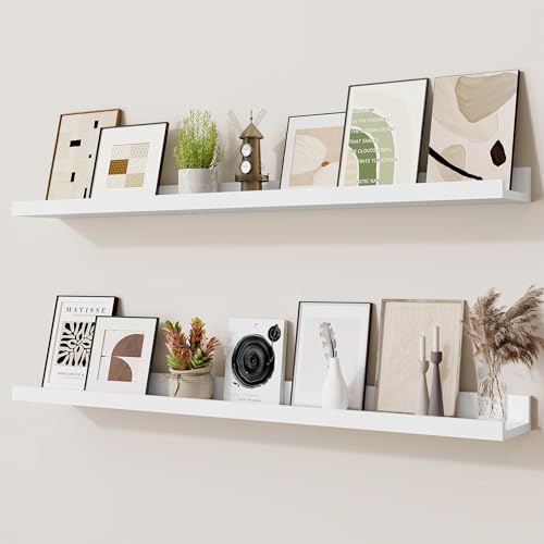 Heimlove Picture Ledge Shelf,36 inch Long Floating Shelves for Wall Set of 2,White Picture Shelf with Lip for Wall Decor,Living Room,Bedroom,Bookshelf,Nursery,Perfume - color: White, size: 36'', Set of 2