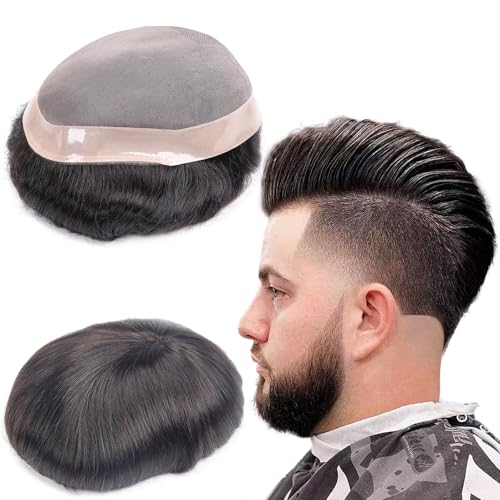 Toupee for Men Hair Piece Male Hair Unit Balding Man Replacement 100% Human Hair Mono Lace With NPU Around Lace Systems 6x8 Inch Color 1B Off Black Natural Hairline Protesis Capilar Hombre - color: 1B# Off black - Mono NPU, size: 6x8 Inch