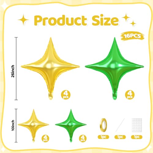 Green Gold Star Balloons, 16 PCS Green Four Angle Star Foil Balloons, 26 Inch and 10 Inch Gold Stars Shaped Balloon for Graduation Birthday Baby Shower Wedding Anniversary Engagement Party Decorations - color: Green Gold