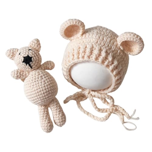 Zeroest Newborn Baby Boy Girl Photography Props Bear Hat Outfits Crochet Kint Handmade Cap Set for Newborn Photo Shoot - color: Beige