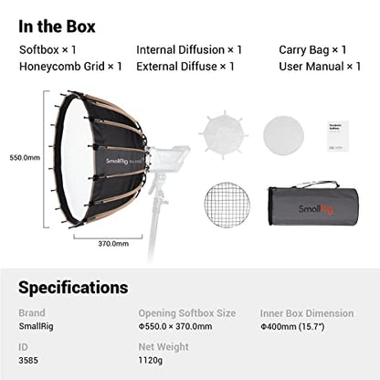 SmallRig Parabolic Softbox Quick Release, Parabolic Softbox, Compatible with SmallRig RC 120D/RC 120B/RC 220D/RC220B and Other Bowens Mount Light (21.6inch/55cm) - size: 21.6inch/55cm