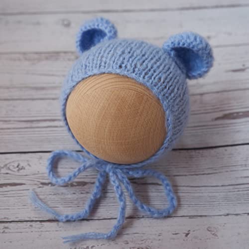 Newborn Photography Props Boys Girls Outfits Mohair Bear Hat Bonnet & Footed Romper Bodysuit Photoshoot Costume Set - color: Light Blue