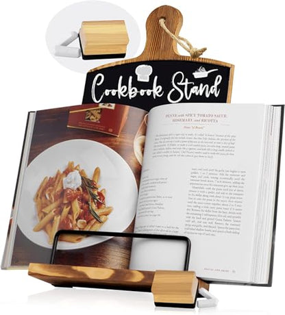 Willow & Croft Premium Cook Book Stand. Farmhouse Cutting Board Stand Cookbook Holder, Recipe Book Holder. Distressed Cookbook Stand for Kitchen Counter. Rustic Home Decor, Adjustable Display Stand. - style: Brown - Chalkboard cutting board design