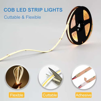 LLTOP COB LED Strip Lights Waterproof IP67 DC24v Daylight White 6000K 16.4ft/5m High CRI 92Ra+ Outdoor LED Tape Lighting DIY Cuttable for Bedroom Kitchen Cabinet Shelf (Power Supply Not Included) - color: Daylight White 6000K (power supply not included)
