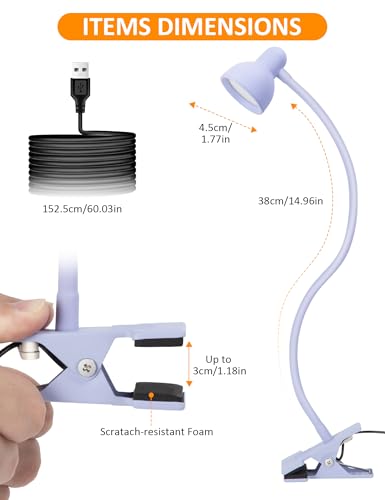 LiFMIRA Clip on Lamp USB Reading Light, 3 Color Modes, 10 Brightness Dimmable, Flexible Gooseneck Desk Lamp with Clamp, Eye Care Clip on Light for Bed Headboard Desk Home Dorm - color: Lilac Purple