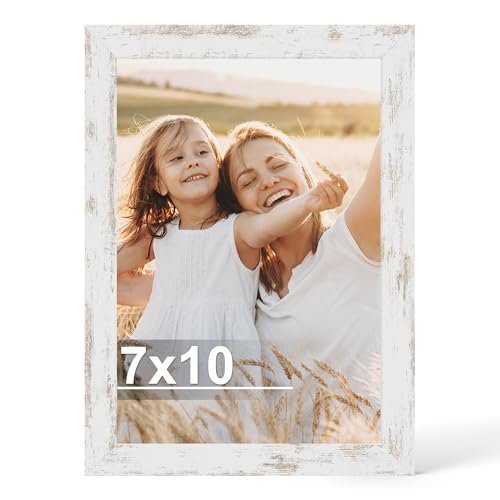 Hongkee 7x10 Picture Frame, Made of Real Glass and Wooden Frame, Horizontal and Vertical Display for Wall or Tabletop (Distressed White, 1 Pack) - color: Distressed White, size: 7X10 in