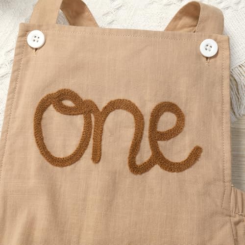 IMEKIS Baby Girls Boys Boho 1st Birthday Outfit Backless Overalls Romper for Cake Smash Photo Shoot - color: Khaki + Brown One, size: 9-12 Months