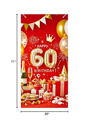 HOMETITUTE 60th Birthday Door Cover 71x35 Inch Red and Gold Birthday Banner for Party Decorations Champagne Gift Balloon Cake Backdrop Sign for Women Men Party Supplies - color: Red and Gold Balloons