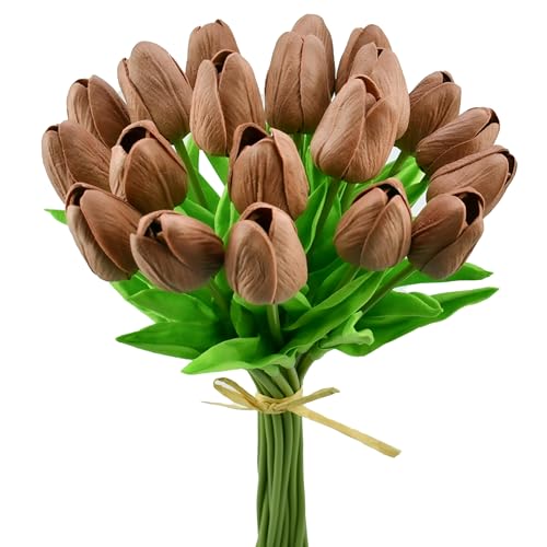 Mandy's Brown Artificial Tulips Flowers Centerpiece, 13.5" Lifelike PU Fake Floral Stems 20pcs for Kitchen Island & Dining Table, Spring Decor for Easter - color: Brown