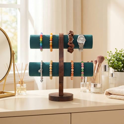 RattanView 2 Tier Walnut Bracelet Holder Display Wooden Watch Stand Organizer T Bar Rack Storage Tower for Selling Retail - color: Dark Green