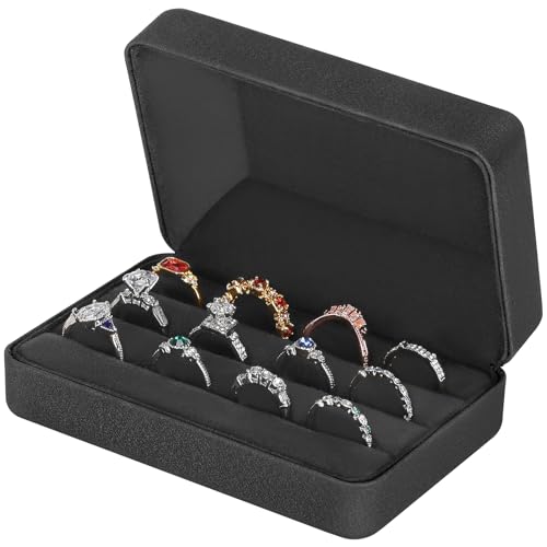 KUKUVR Velet Ring Storage Box, Travel Jewelry Case with 3 Slot Ring Display Organizer (Black) - color: Black