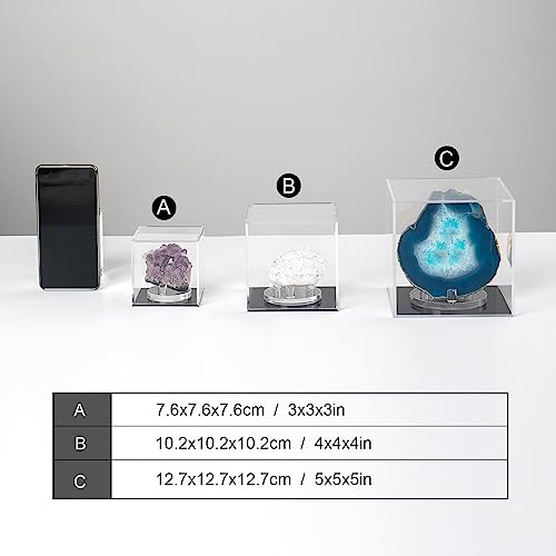 Clear Acrylic Boxes for Collectibles Display, Removable Countertop Storage Box Cube Organizer Stand Riser, Dustproof Protection Showcase for Crystals Minerals Slab Fossil Coral, 3x3x3Inch