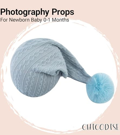 Newborn Photography Props, Infant Photoshoot Outfit Romper & Pom Pom Hat for Baby Boys Girls - color: Light Blue