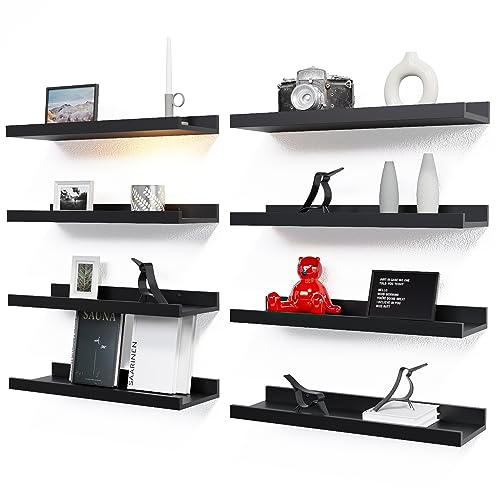 RICHER HOUSE 8 Set Floating Wall Mounted Shelves, Nursery Hanging Book Shelves with Lip for Storage, Black Display Picture Ledge Shelf for Bedroom Bathroom Kitchen Living Room Wall Decor, Modern White - color: Black, size: 8pcs*15.75in