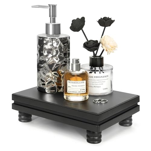 EOSAHR Decorative Pedestal Stand for Bathroom Decor – Small Display Stand for Kitchen Organizer & Soap Holder for Bathroom Sink – Wooden Tray to Beautify Home Decor (Black) - color: Black