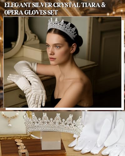 Princess Tiara Crown with Satin Gloves Set Crystal Headpiece for Graduation Prom and Party Photo Props - color: Silver, style: C