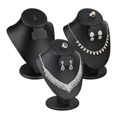 MOOCA 3 Pcs Set Black PU Faux Leather Combination Display Jewelry Stand Bust for Necklaces, Earrings, Rings, Jewelry Display For Vendors - color: Black PU Faux Leather, 3 pieces