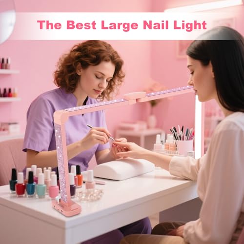 34in Half Moon Light for Nail Desk, Foldable LED Lamp for Nail Art, Tattooing, Craft Making, Stepless Dimming, 3000-6000K Color Temperature Adjustment, 456 Light Beads, Pink with Diamond - color: Pink with Diamond