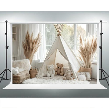 YongFoto Bear Theme Backdrop 5x3ft Tent Blanket Pampas Boho Photography Background Baby Shower Cradle Ceremony Kid Birthday Party Banner Baby Portraits Photoshoot Wallpaper Photo Studio Booth Prop - color: Style 4, size: 5ftx3ft