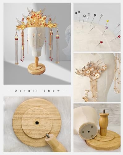 CHADWICK Canvas Wig Head Stand with Detachable Wood Stand - Great for Hats, Caps Display and Wig Making, 21Inch Mannequin Head Block, Dome Model Head, Helmet Jewelry Glasses Headband Display, Beige
