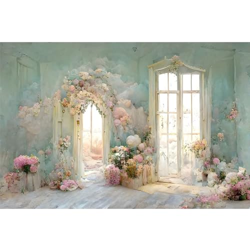 YongFoto European Style Oil Painting Backdrop 10x5ft Flowers Arched Door French Window Photography Background Birthday Bridal Shower Wedding Party Banner Home Decor Photoshoot Photo Studio Props - size: 10ftx5ft