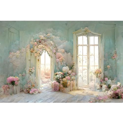 YongFoto European Style Oil Painting Backdrop 10x8ft Flowers Arched Door French Window Photography Background Birthday Bridal Shower Wedding Party Banner Home Decor Photoshoot Photo Studio Props - size: 10ftx8ft