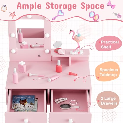 Arlopu Kids Vanity Set and Mirror, Wooden Pretend Play Vanity Table and Chair Set for Girls with Stool, Drawer, Princess Makeup Dress-Up Toy for Toddlers 3+Year Old (Pink) - color: Pink