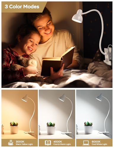 LiFMIRA Clip on Lamp USB Reading Light, 3 Color Modes, 10 Brightness Dimmable, Flexible Gooseneck Desk Lamp with Clamp, Eye Care Clip on Light for Bed Desk Headboard Home Dorm White - color: White