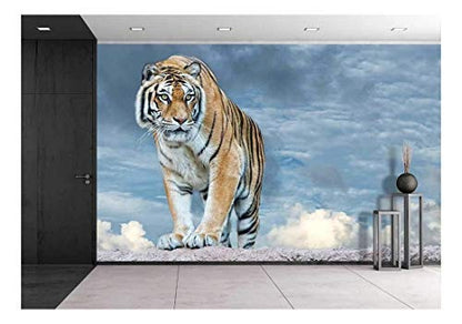 wall26 - Siberian Tiger Ready to Attack Looking at You in The Rocks Background - Removable Wall Mural | Self-Adhesive Large Wallpaper - 66x96 inches - color: Artwork - 13, size: 66"x96"