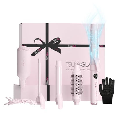 TSUYAGLA 5 in 1 Curling Iron Set with Airflow Cooling for Long-Lasting Curls, Ionic Ceramic Hair Curler with 3/8", 1", 1.5" Barrels, Crimper & Thermal Brush, Dual Voltage, 250–410℉