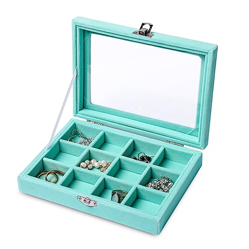 Frebeauty Jewelry Organizer Tray with Clear Lid 12 Grid Velvet Drawer Insert Jewelry Box with Transparent lid Jewelry Display Case Store Showcase Jewelry Box Gift for Women(Turquoise,12 Grid) - color: Turquoise, size: 12 Grid