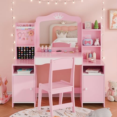 MU Kids Vanity, Girl Vanity Set with Mirror and Stool, 2 in 1 Toddler Makeup Vanity Table with Jewelry Storage, Wooden Princess Makeup Desk Dressing Table for Little Girls, (Pink) - color: Pink