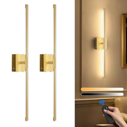 SAIMAND Wall Sconces Set of Two Battery Operated, Wireless USB Rechargeable Wall Lights with Remote, 8000mAh Dimmable LED 3 Color Dimmable Living Room for Bedroom,Hallway,Picture Lamp(30in Gold) - color: Gold