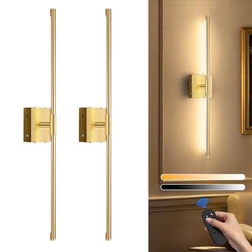 SAIMAND Wall Sconces Set of Two Battery Operated, Wireless USB Rechargeable Wall Lights with Remote, 8000mAh Dimmable LED 3 Color Dimmable Living Room for Bedroom,Hallway,Picture Lamp(30in Gold) - color: Gold
