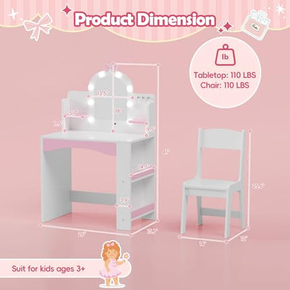MU Kids Vanity with Lights, Princess Makeup Vanity Table and Chair Set for Girls, Toddler Vanity Desk with Open Bookshelf, Storage Cabinet & Shelves, Stools, White - color: White
