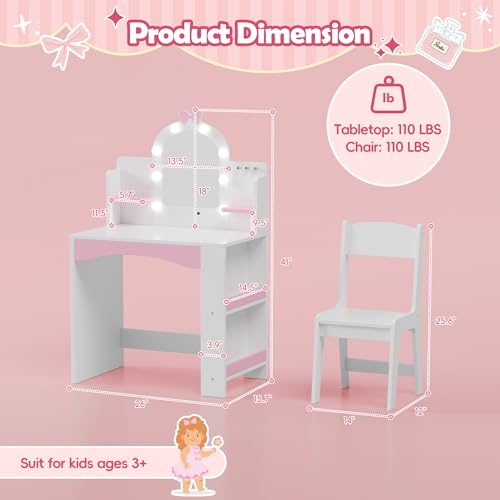 MU Kids Vanity with Lights, Princess Makeup Vanity Table and Chair Set for Girls, Toddler Vanity Desk with Open Bookshelf, Storage Cabinet & Shelves, Stools, White - color: White