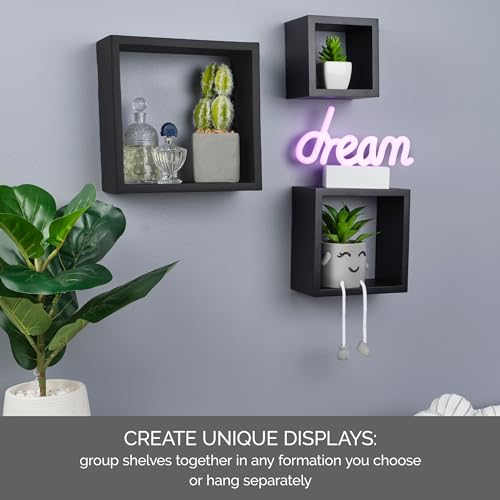 MELANNCO Floating Wall Square Cube Shelves for Bedroom, Living Room, Bathroom, Kitchen - Wood, Set of 3, Black - color: Black, size: Set of 3