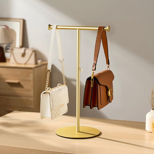 niffgaff T Bar Purse Display Stand Tabletop: Adjustable Height Handbag Holder, Countertop Hanging Rack for Long Necklace Scarf Lanyard, Gold - color: Gold