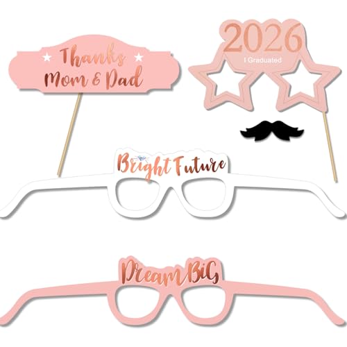Konsait Rose Gold Graduation Photo Booth Props Party Supplies Graduation Photo Props Class of 2026 Grad Decor with Sticks, Class Decorations Graduation Party Favors Decor Accessories(39Count)