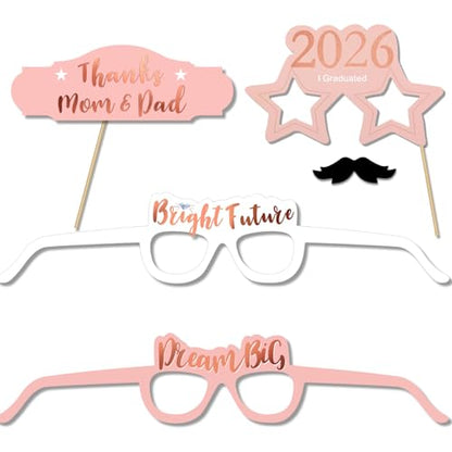 Konsait Rose Gold Graduation Photo Booth Props Party Supplies Graduation Photo Props Class of 2026 Grad Decor with Sticks, Class Decorations Graduation Party Favors Decor Accessories(39Count)