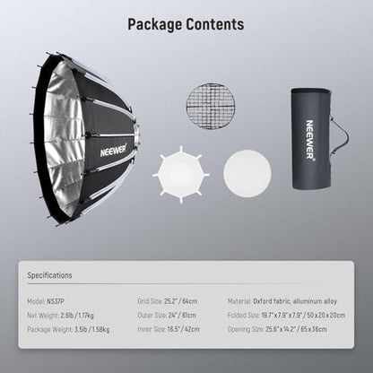NEEWER Basics Parabolic Softbox Kit, 26"/65cm Bowens Mount Soft Box with Light Diffusers for Studio Photography Video Recording Streaming Lighting Compatible with Godox Compatible with Aputure, NS37P - style: 26"/ 65cm Parabolic
