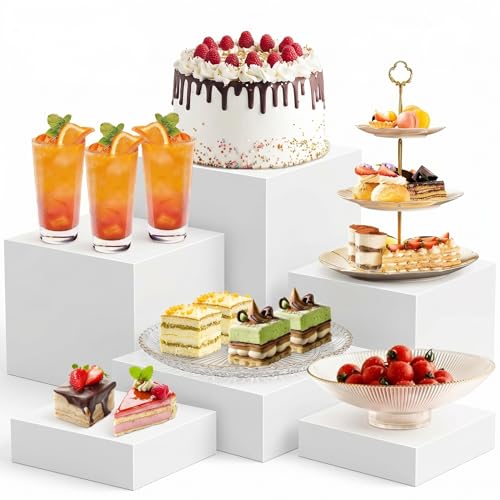 6 PCS Buffet Risers and Stands (3",4",5",6",7",8"), Food Risers for Buffet Table, Acrylic Nesting Risers with Hollow Bottoms, Display Stand Shelf for Party, Catering, Desserts, Jewelry & Collectibles (white)