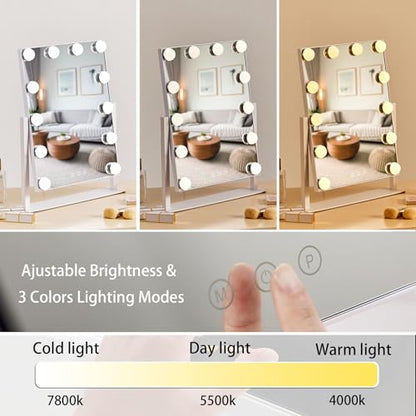 HIEEY Hollywood Vanity Mirror with 12 Dimmable Bulbs Lights, Three Color Lighting Modes, and 5X Magnification, Smart Touch Control, 360°Rotation (White,Gift Box) - style: 17.3" x 13.4" (12 Bulbs)