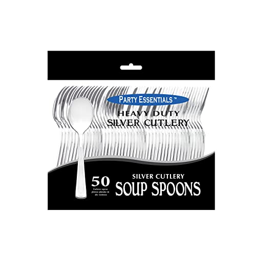 Party Essentials Disposable Plastic Cutlery/Heavy-Duty Flatware/Silverware for All Events, 50-Count, Shiny Silver Soup Spoons - color: Shiny Silver Soup Spoons, size: 50-Count
