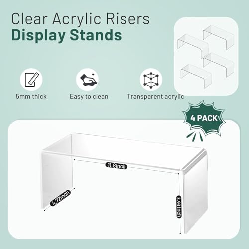 4 Pack Large Acrylic Risers Display Stands, 5mm Thick Display Risers, Shelf Risers for Books, Toys, Cupcakes, Figures (11.8 x 4.72 x 3.93 inches)