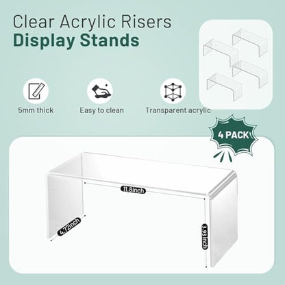 4 Pack Large Acrylic Risers Display Stands, 5mm Thick Display Risers, Shelf Risers for Books, Toys, Cupcakes, Figures (11.8 x 4.72 x 3.93 inches)